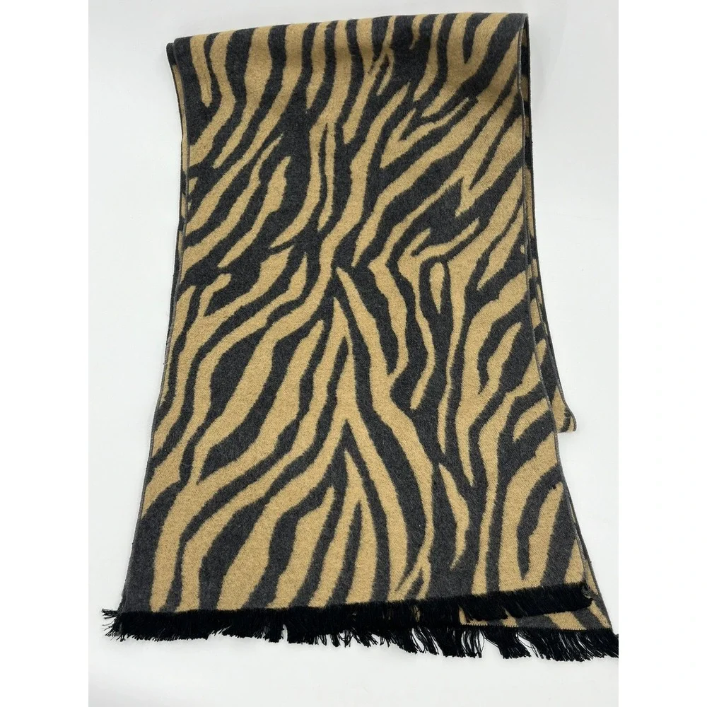 Chelsey by Joseph Brushed Knit Silk Scarf Tan Gray Zebra Stripe 12